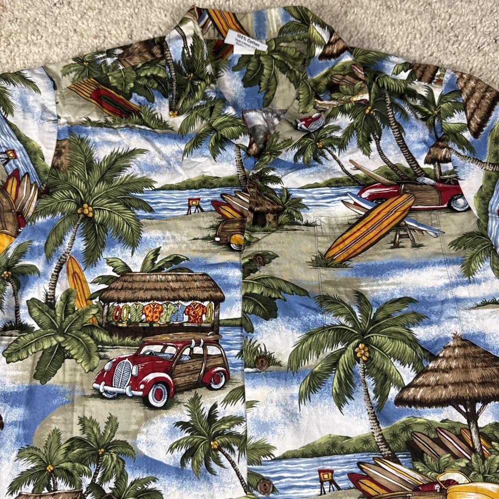 Vintage Makai Beach Men's L Tropical Aloha Shirt Cars Surf Boards Hawaiian Palms